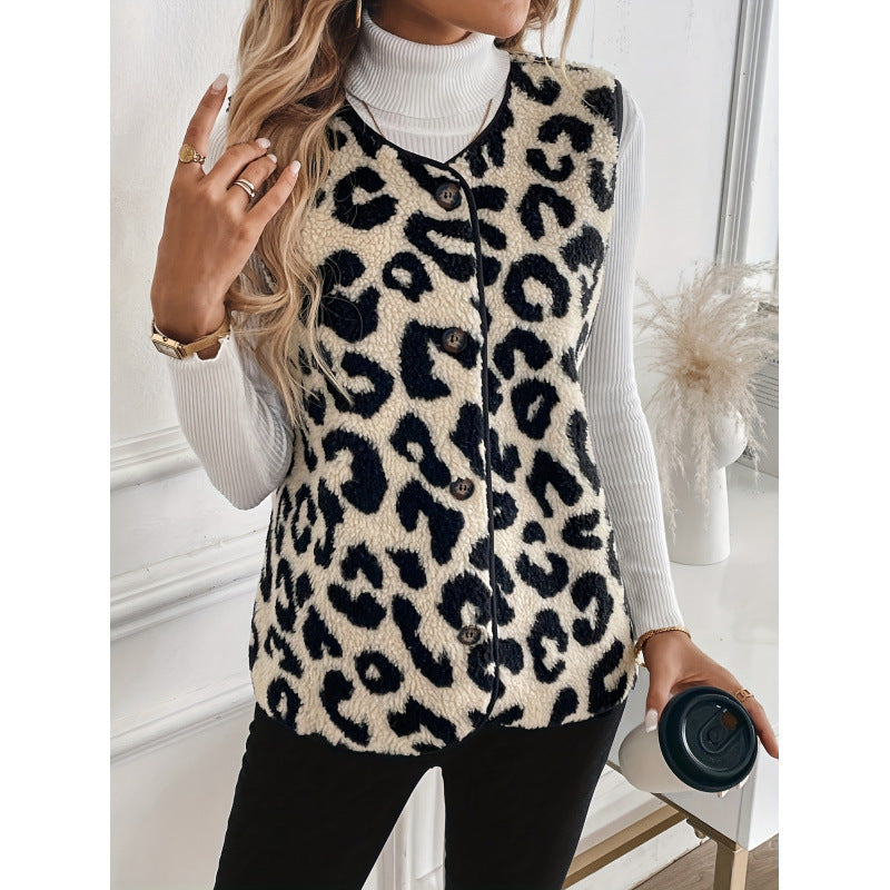 Damen Fellweste mit Leopardenmuster und Knopfverschluss EB