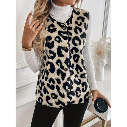 Damen Fellweste mit Leopardenmuster und Knopfverschluss EB