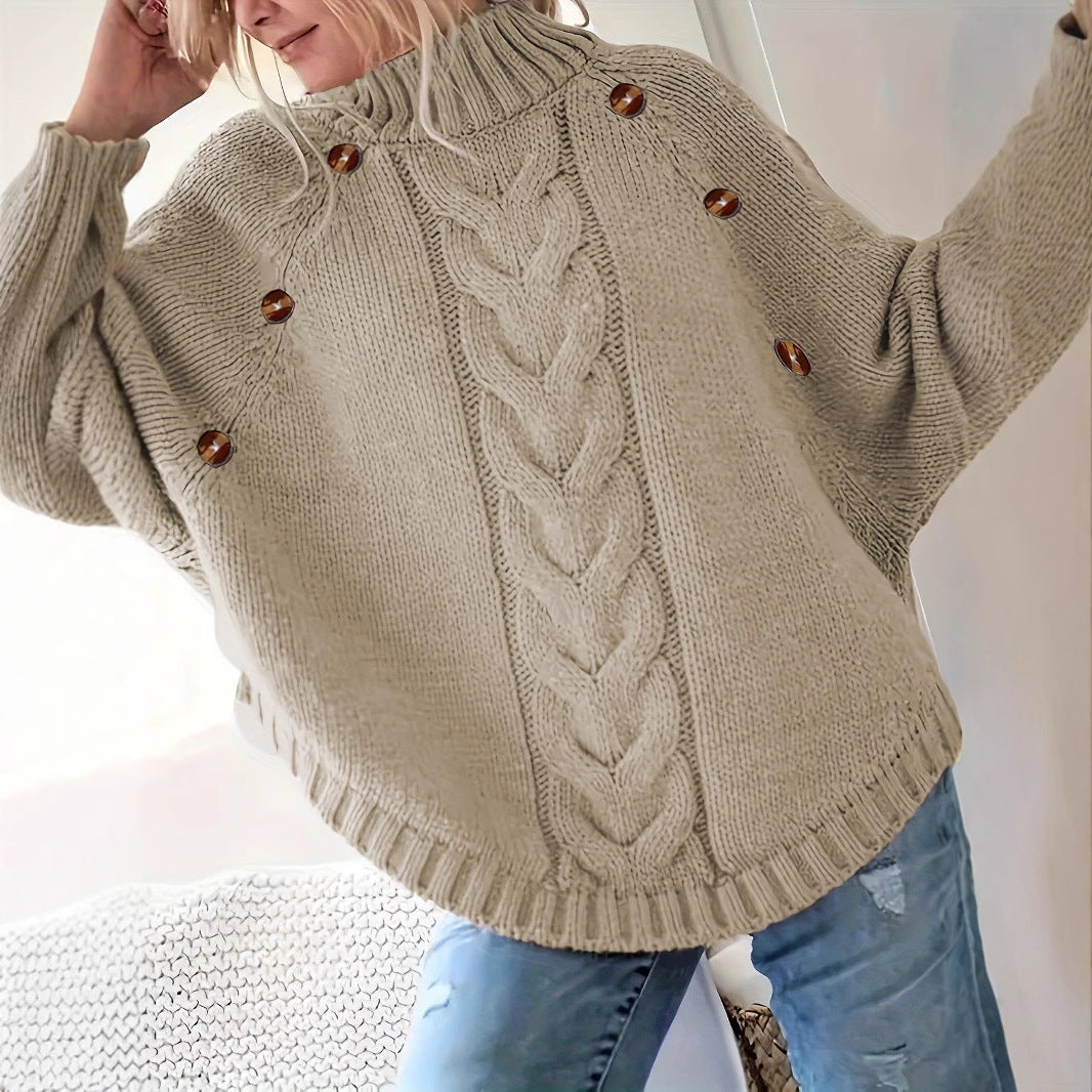 Damen Grober Strickpullover mit modernem Zopfdesign und praktischen Knöpfen EB