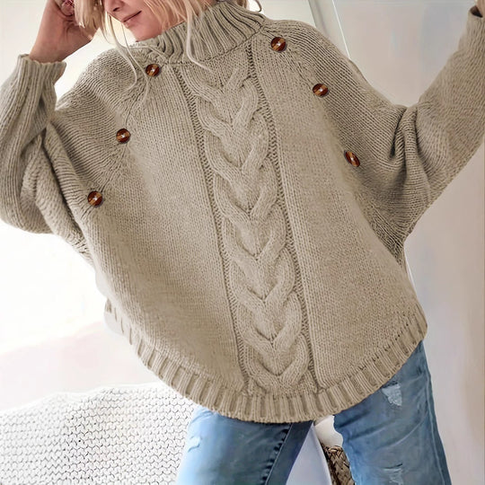 Damen Grober Strickpullover mit modernem Zopfdesign und praktischen Knöpfen EB