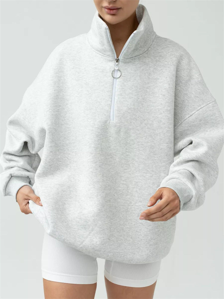 Damen Oversized Halbzip Sweater mit hohem Stehkragen und Rippbündchen EB