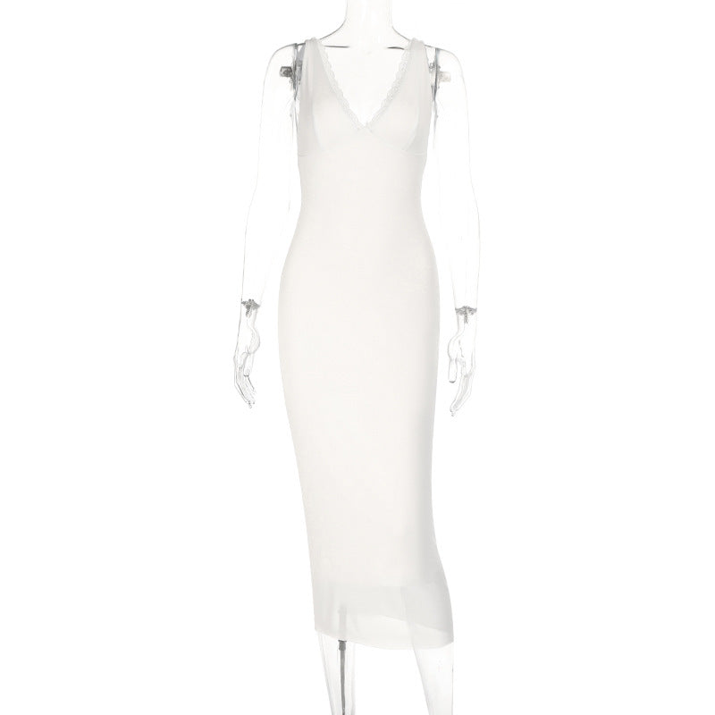 Damen figurbetontes Midikleid mit tiefem V-Ausschnitt und transparentem Rock EB