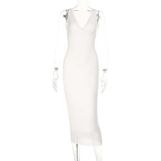 Damen figurbetontes Midikleid mit tiefem V-Ausschnitt und transparentem Rock EB