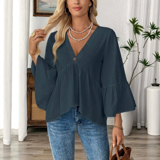 Damen nan elegante Empire-Bluse mit V-Ausschnitt, geraffter Brustnaht und Glockenärmeln EB