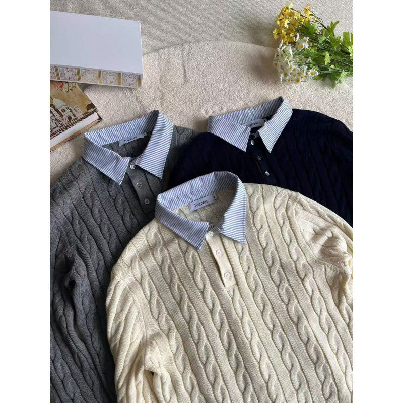 Damen nan gestrickter Polo-Pullover mit Zopfmuster und eingesetztem Hemdkragen EB