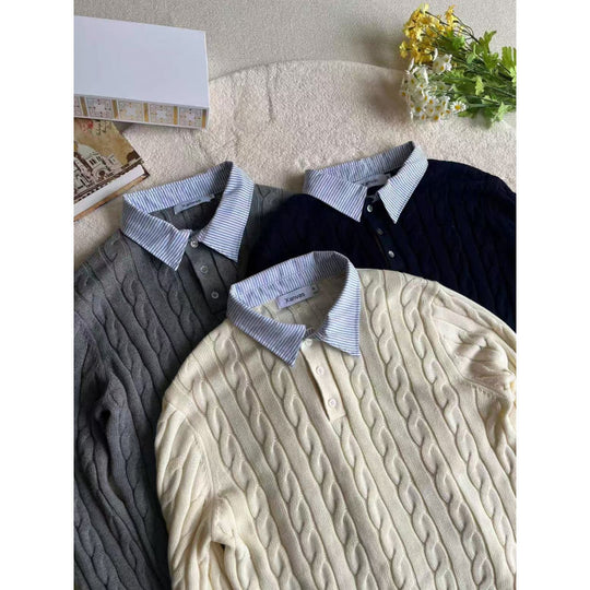 Damen nan gestrickter Polo-Pullover mit Zopfmuster und eingesetztem Hemdkragen EB