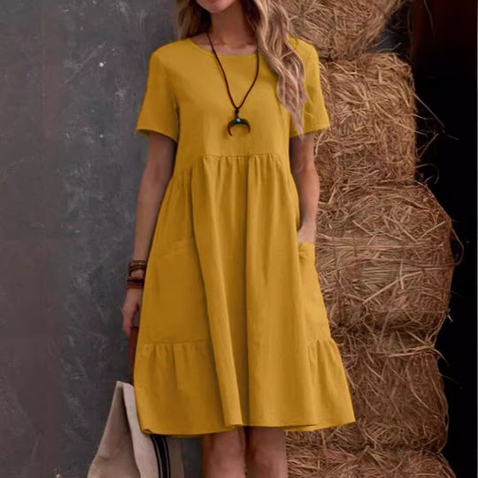 Damen Lockeres Baumwollkleid mit Taschen und Volant EB