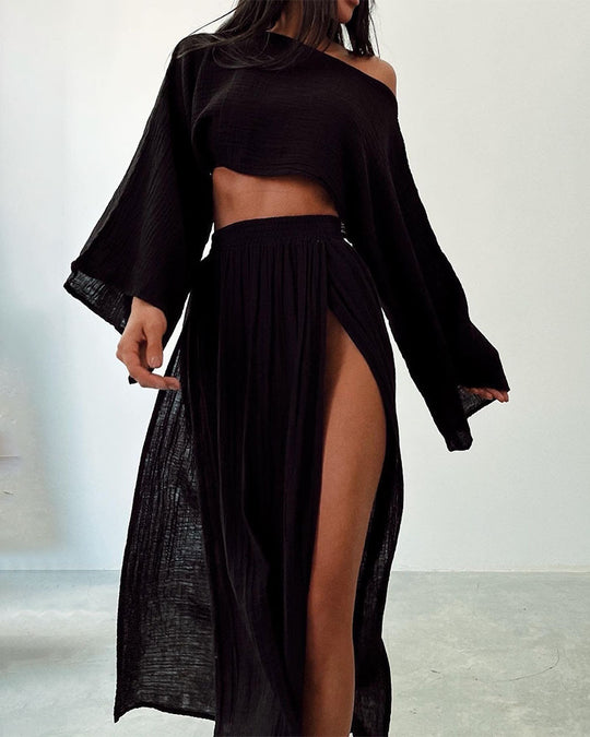 Damen lässiges Zweiteiler-Set mit cropped Oberteil und maxilanger Rockpartie EB