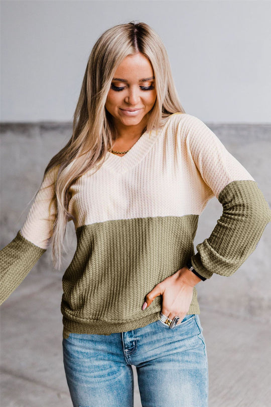 Damen lässiges V-Ausschnitt Sweatshirt mit strukturiertem Waffelstrick EB