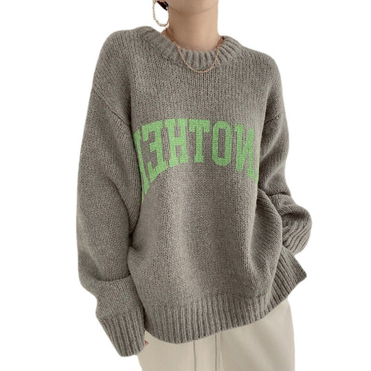 Damen Oversized Pullover mit auffälligem Schriftzug und gestricktem Muster EB