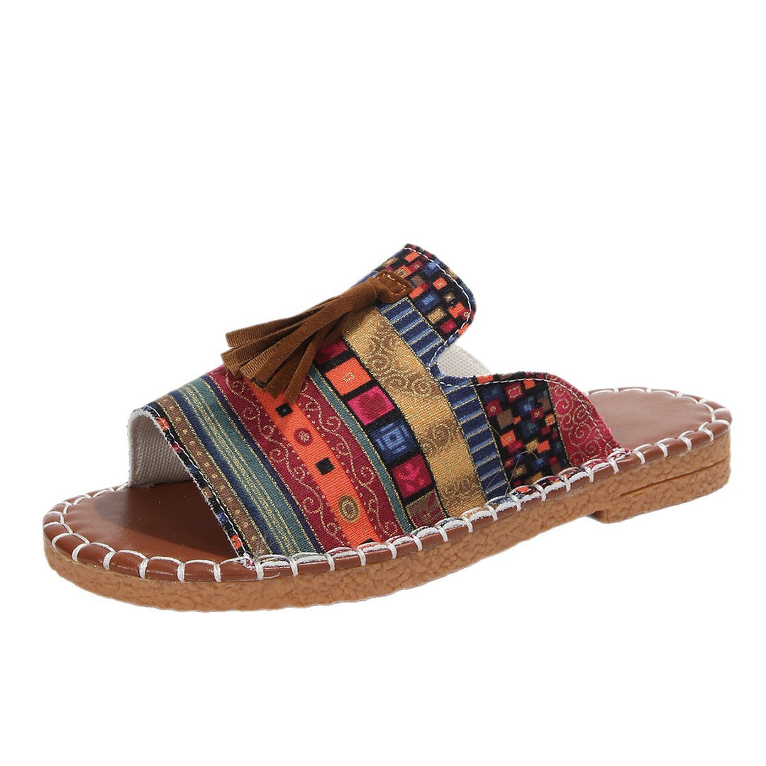 Damen bequeme Pantoletten mit buntem Streifen-Design und Quasten-Detail EB