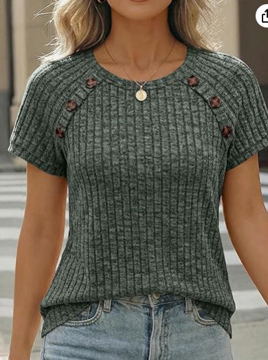 Damen lässiges Rippenstrick-T-Shirt mit Knöpfen EB