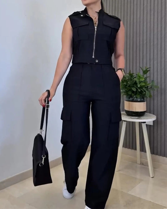 Damen Cargo-Jumpsuit mit kurzem Oberteil und praktischen Taschen EB
