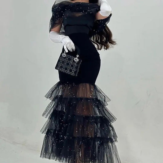 Damen Elegantes Abendkleid mit schimmernden Tülllagen und transparenter Schulterpartie EB