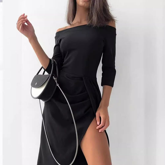 Damen Off-Shoulder Kleid mit asymmetrischem Schnitt und Drapierung EB
