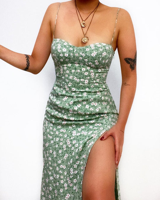 Damen Figurbetontes Maxikleid mit seitlichem Schlitz und Spaghettiträgern EB