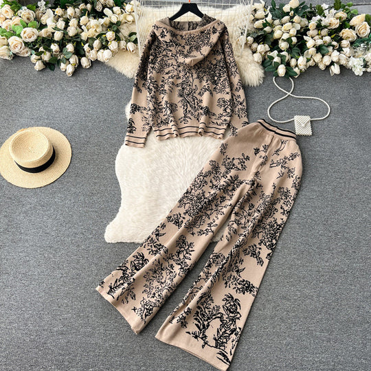 Damen modisches Freizeit-Lounge-Set mit Kapuze und floralem Muster EB