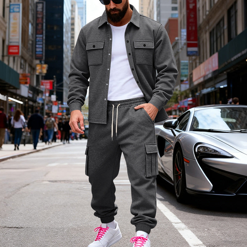 Herren nan lässiges Baumwoll-Misch Overshirt und Cargo-Jogger Set mit Kordelzug, Pattentaschen und elastischen Bündchen EB