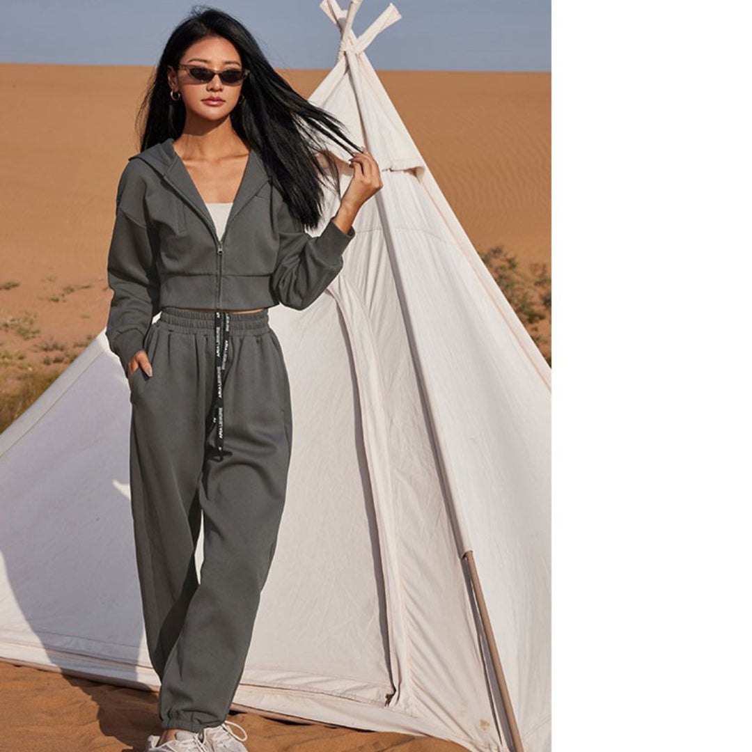 Damen Zweiteiliges Cropped Reißverschluss-Hoodie mit elastischer High-Waist Jogginghose EB