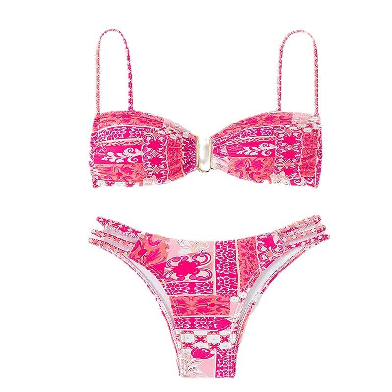Damen Bandeau-Bikini mit raffinierten Rüschendetails und elegantem Muster EB