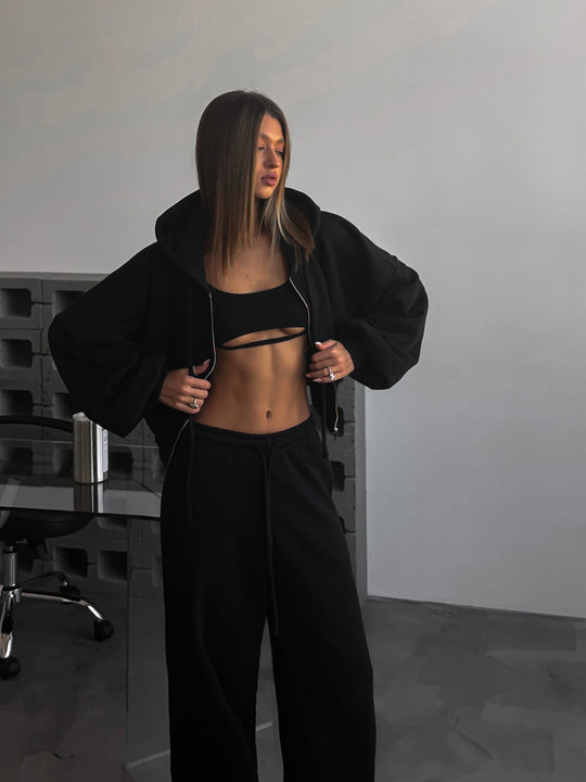 Damen kurzes Kapuzenzipper-Lounge-Set mit oversized Ärmeln und weitem Jogginghose-Schnitt EB