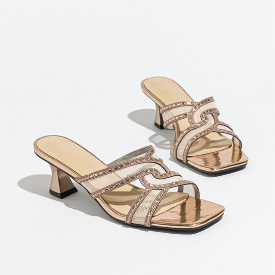Damen elegante High Heel Mules mit glitzernden Riemen und komfortablem Absatz EB