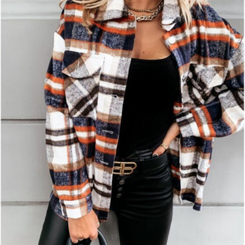 Damen Oversized Karo-Hemdjacke mit Druckknöpfen und aufgesetzten Brusttaschen EB