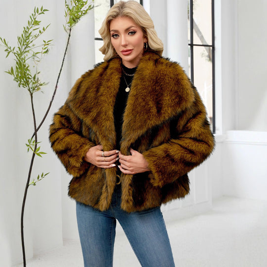 Damen Voluminöser Kunstpelzmantel mit breitem Revers EB