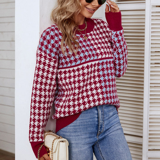Damen kuscheliger Strickpullover mit trendigem Karomuster und weitem Schnitt EB