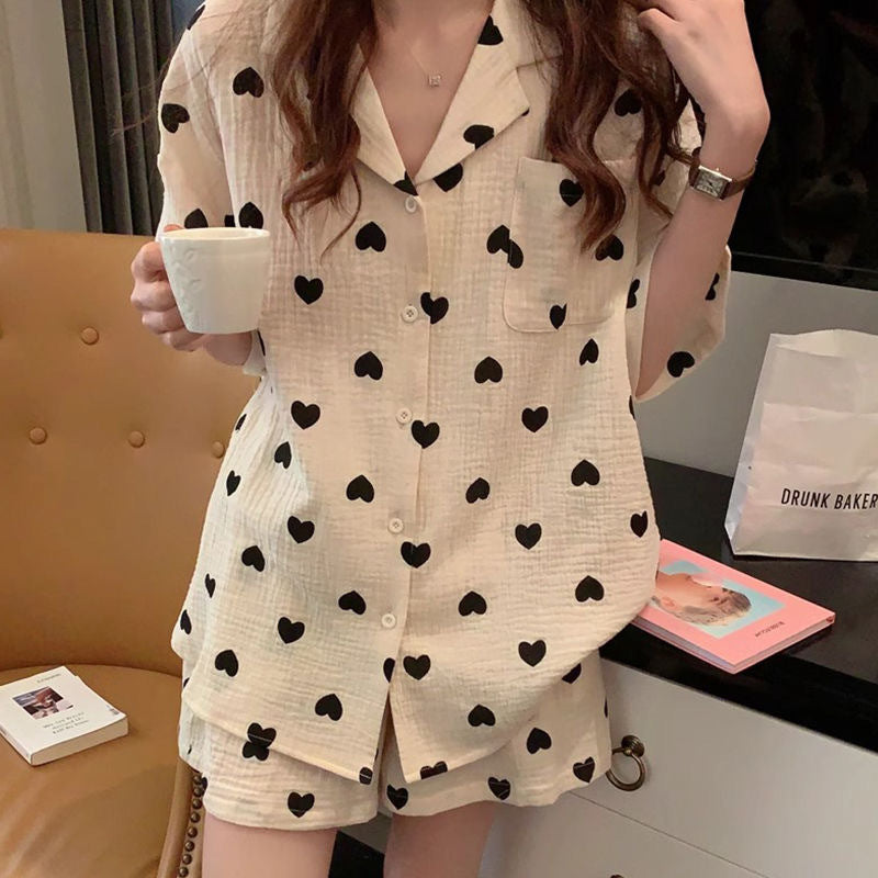 Damen Pyjama-Set mit Herzen und kurzen Ärmeln EB