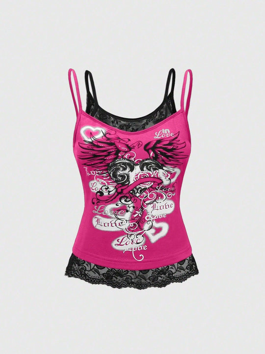 Damen Spitze Cami Top mit Grafischem Print EB