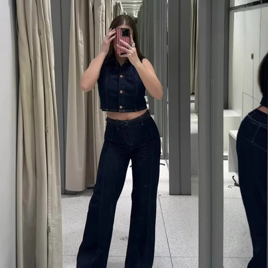 Damen weit geschnittene Jeanshose mit Bindegürtel und eleganter Silhouette EB