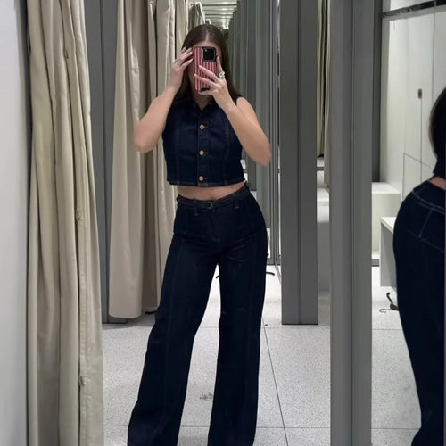 Damen weit geschnittene Jeanshose mit Bindegürtel und eleganter Silhouette EB