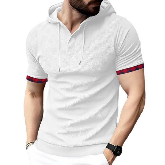Herren nan figurbetontes Kurzarm-Kapuzenpoloshirt mit Henley-Blende und Kordelzug EB