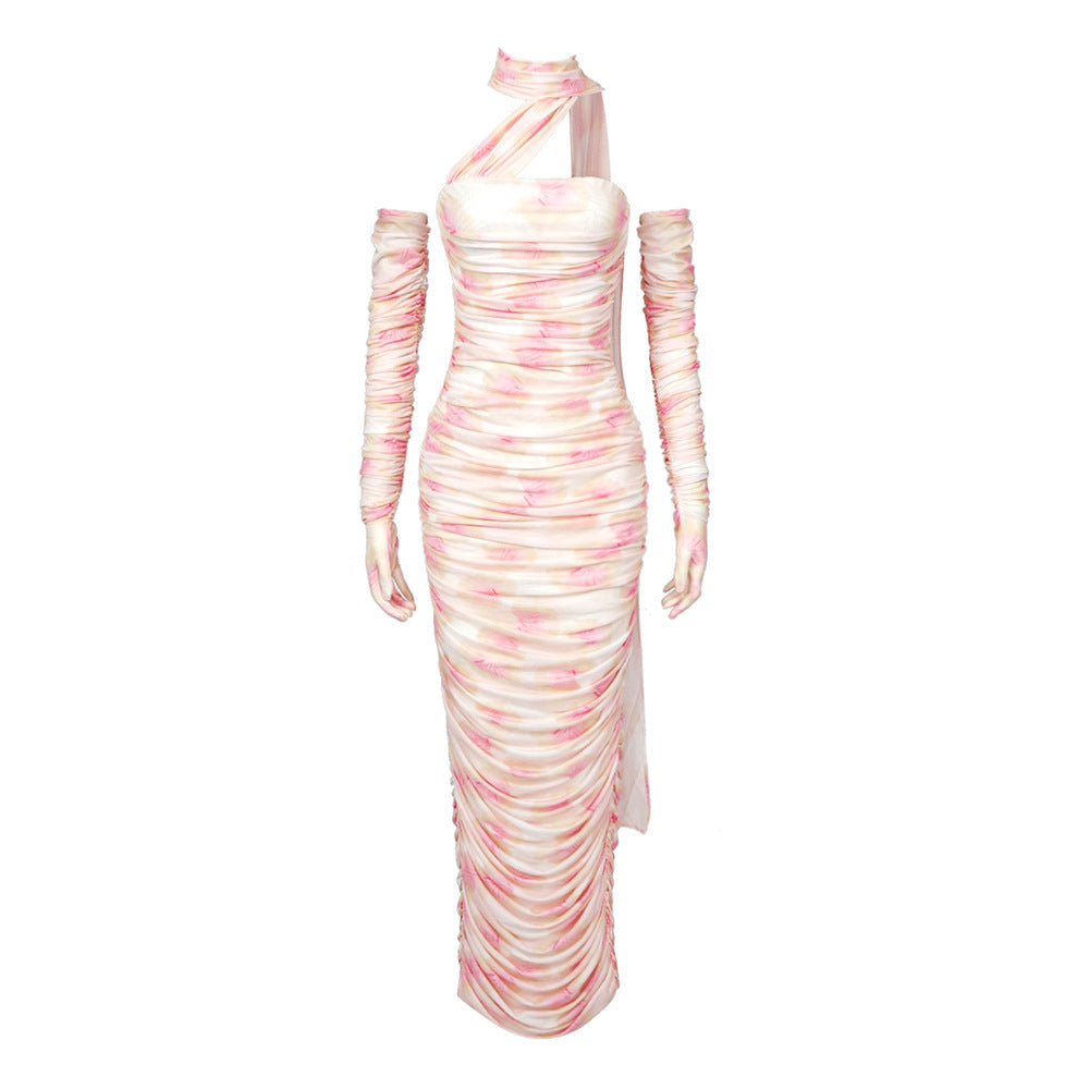 Damen figurbetontes Kleid mit asymmetrischen Ärmeln und stilvollem Drapée EB