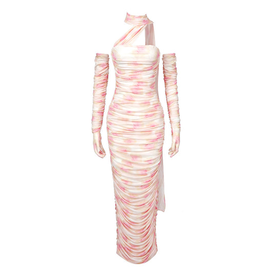 Damen figurbetontes Kleid mit asymmetrischen Ärmeln und stilvollem Drapée EB