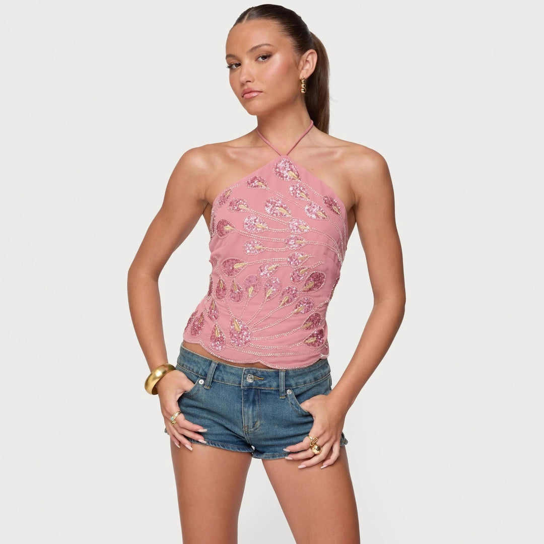 Damen Glitzerndes Halboberteil mit floralen Pailletten und feinen Trägern EB