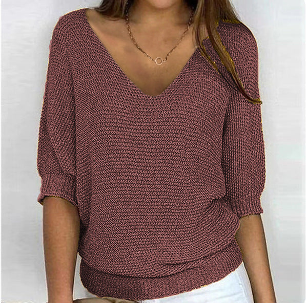 Damen nan lässiger Strickpullover mit V-Ausschnitt und Fledermausärmeln EB