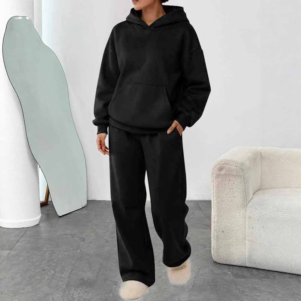Damen nan zweiteiliges Freizeit-Lounge-Set mit Kapuzenpullover, Kängurutasche und gerader Loungehose aus weichem Baumwollmix EB