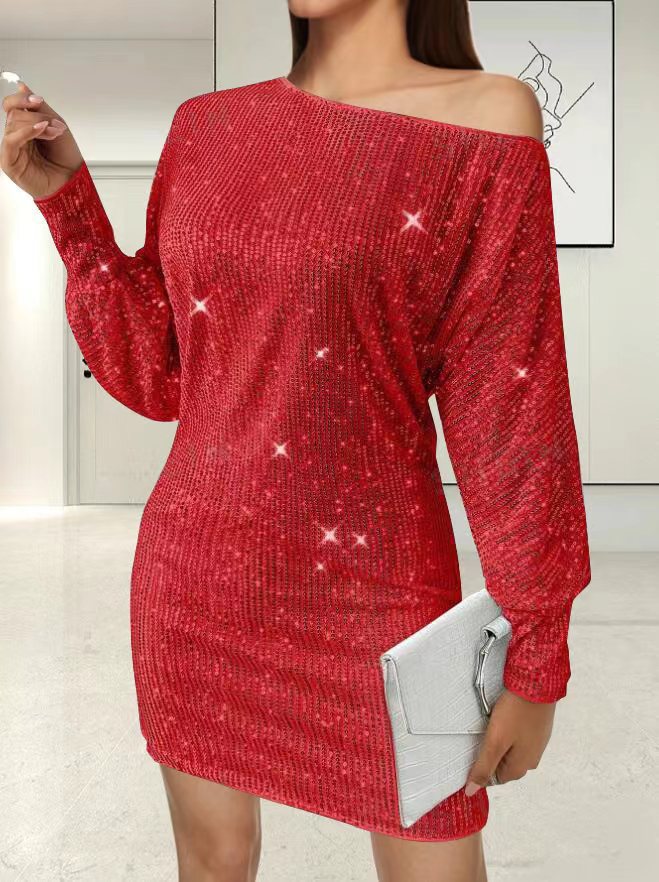 Damen Glamouröses Minikleid mit asymmetrischem Schulterdesign und Funkeleffekten EB