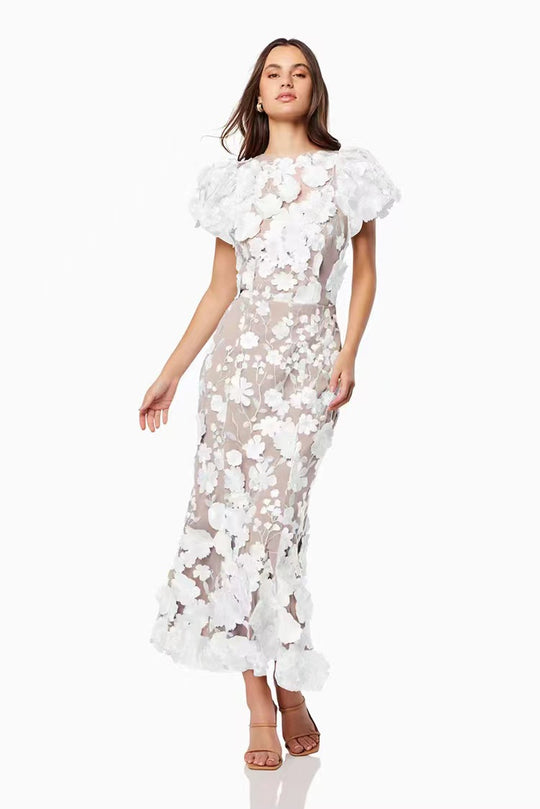 Damen Blumenkleid mit 3D-Blütenapplikationen EB