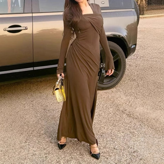 Damen Langarm-Maxikleid mit raffiniertem Wickeldesign und figurschmeichelndem Schnitt EB