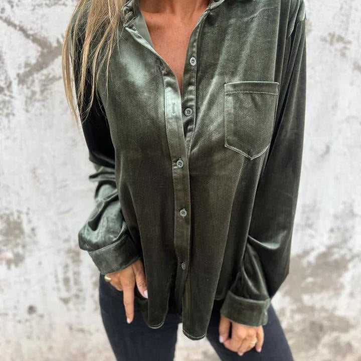 Damen Elegante Satinbluse mit klassischem Kragen und Brusttasche EB