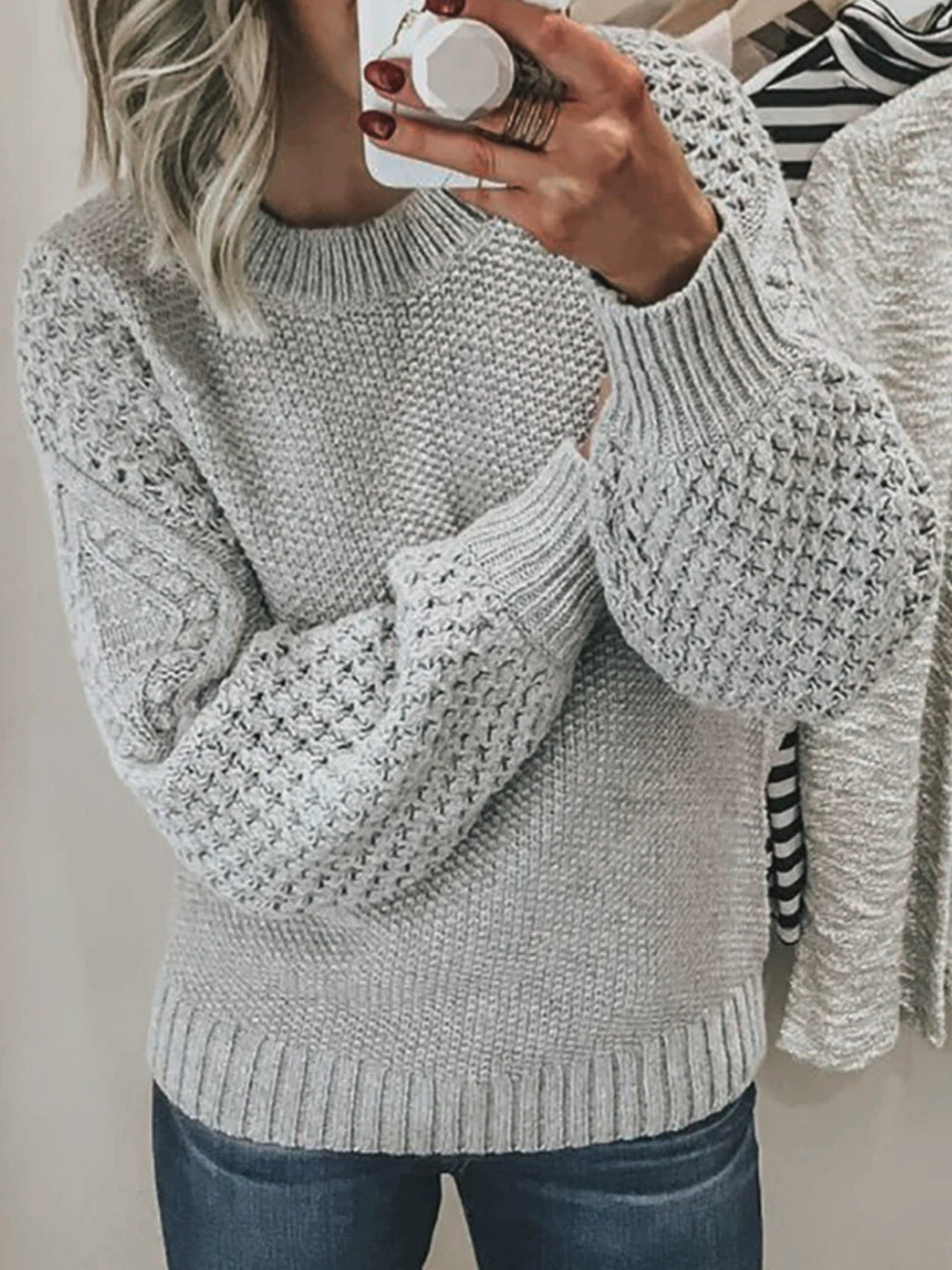 Damen Modischer Strickpullover mit strukturiertem Design und weiten Ärmeln EB