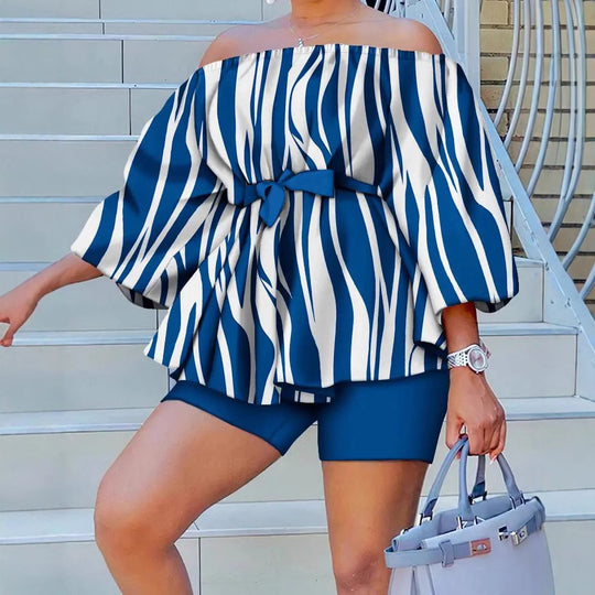 Damen Off-Shoulder Tunika mit weiten Ärmeln und elastischem Taillenband EB
