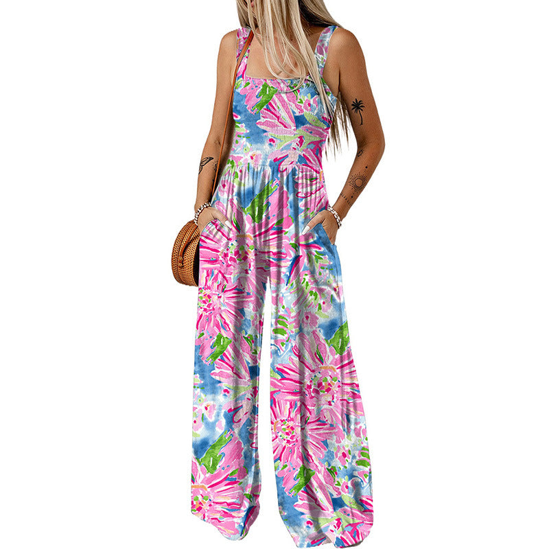Damen luftiger Blumendruck Jumpsuit im Maxiformat mit praktischen Taschen EB