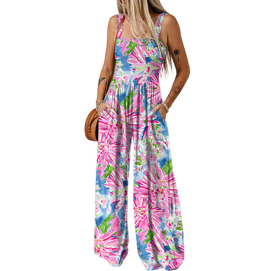 Damen luftiger Blumendruck Jumpsuit im Maxiformat mit praktischen Taschen EB