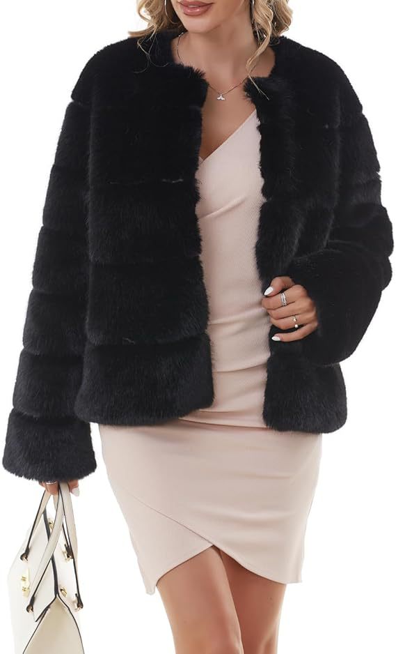 Damen Kuschelige Kunstpelzjacke mit modischem Puffärmel-Design EB