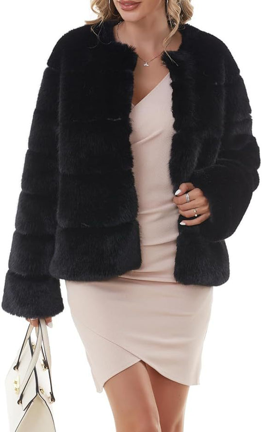 Damen Kuschelige Kunstpelzjacke mit modischem Puffärmel-Design EB