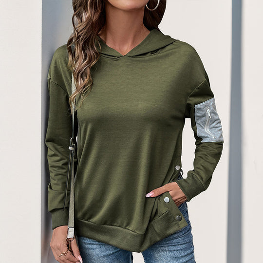 Damen lässiger Kapuzenpullover mit praktischen Reißverschlusstaschen und asymmetrischem Saum EB